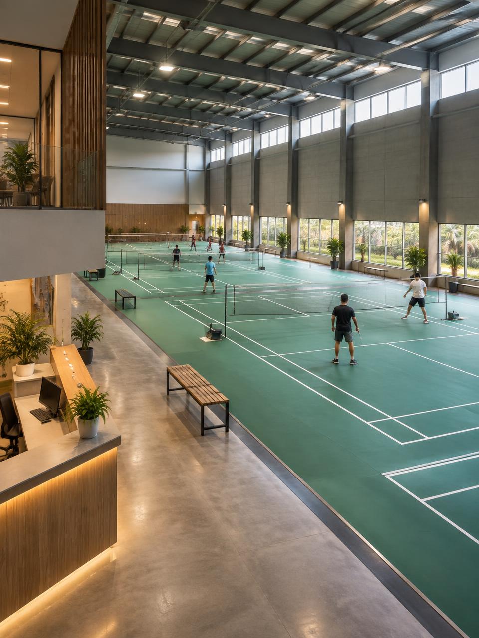 Illustrative view of indoor sports courts and a reception area